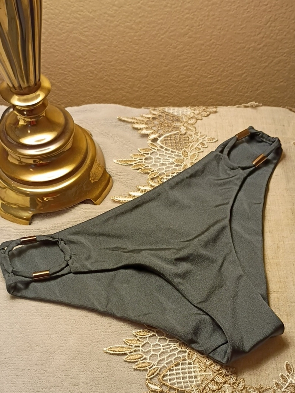 Agent Provocateur Charcoal Gray Bikini Brief with Gunmetal Accent Hardware Sz 3